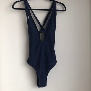 Navy blue high leg one piece with cross-cross back